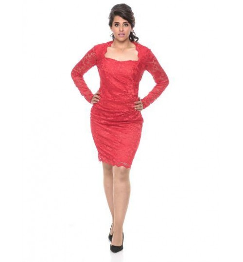 GODDIVA D2171P Plus Size Ruched Lace Midi Dress for Women -16 UK, Red