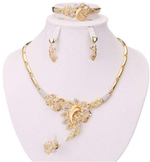 Accessories Sets Summer Style Crystal Gold Plated Bridal Necklace Bracelet Earrings Rings Set