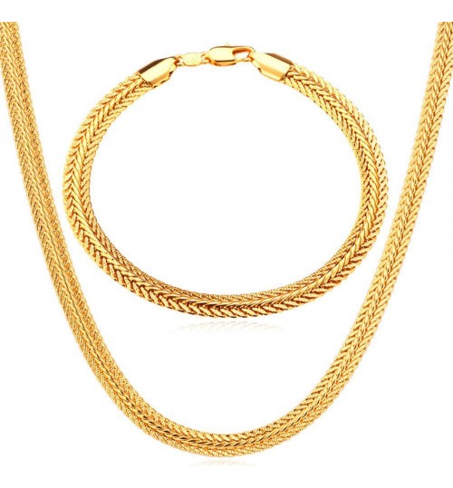Trendy Gold Plated Wide Necklace Bracelet Women Jewelry Set