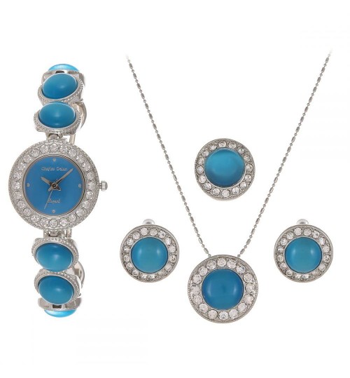 Charles Delon For Women Blue Dial Metal Band Watch & Jewelry Set - 4574 LPLL