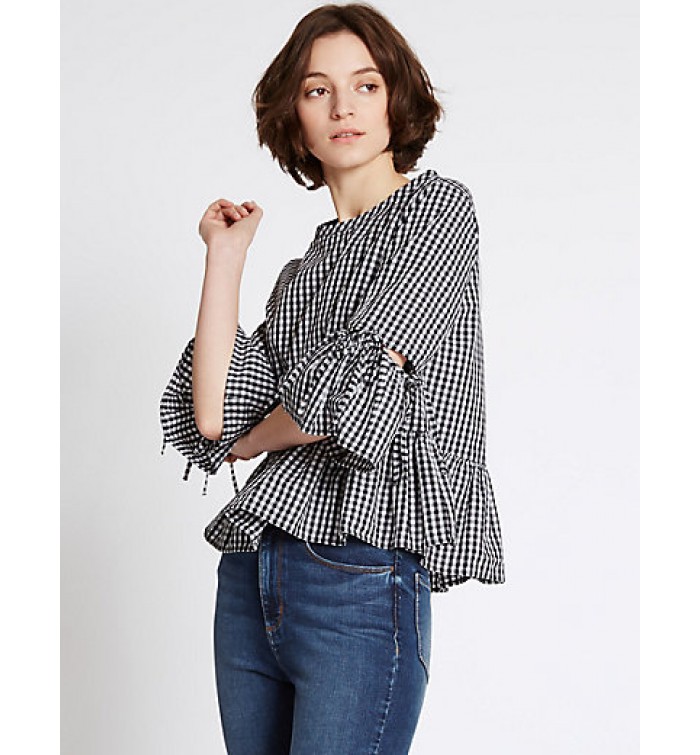 Marks & Spencer Pure Cotton Checked Flared Sleeve Blouse