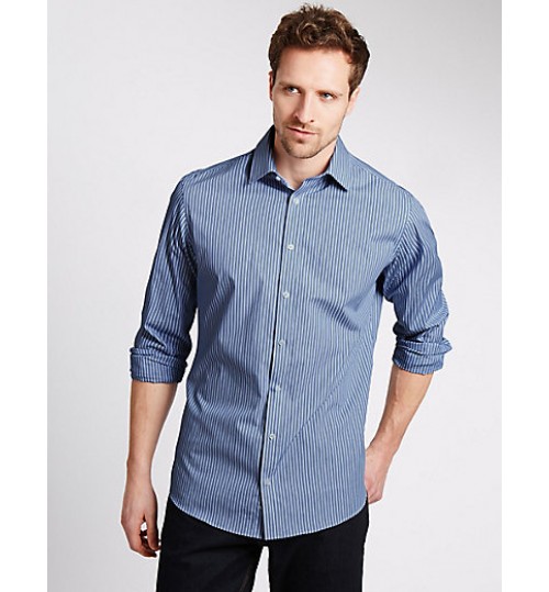 M&S Pure Cotton Tailored Fit Multi-Striped Shirt